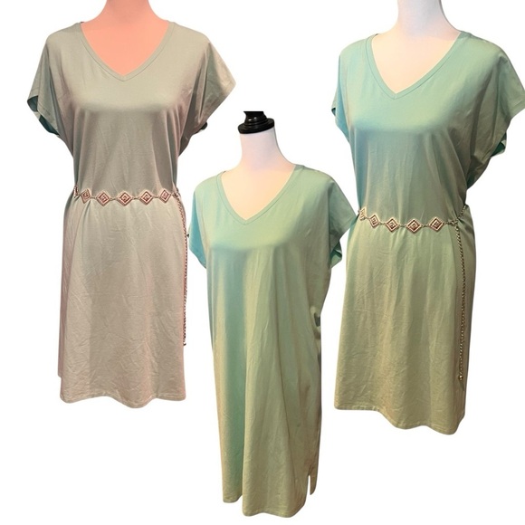 NWOT Eileen Fisher Organic Cotton Boxy VNeck TShirt Dress Beach Sea Green Size M - Picture 3 of 6